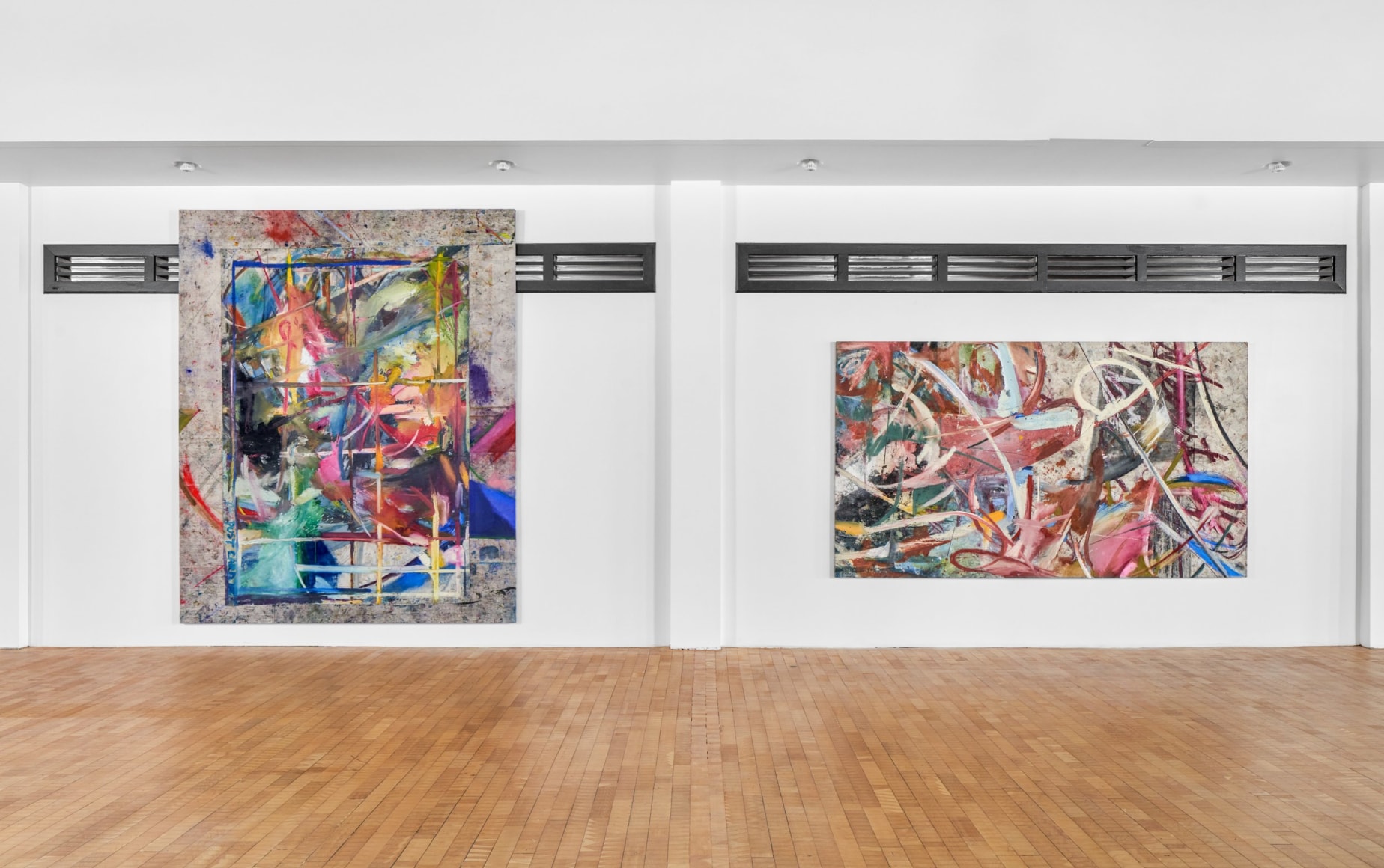 Installation view of Mariana Oushiro Paintings in a post office
