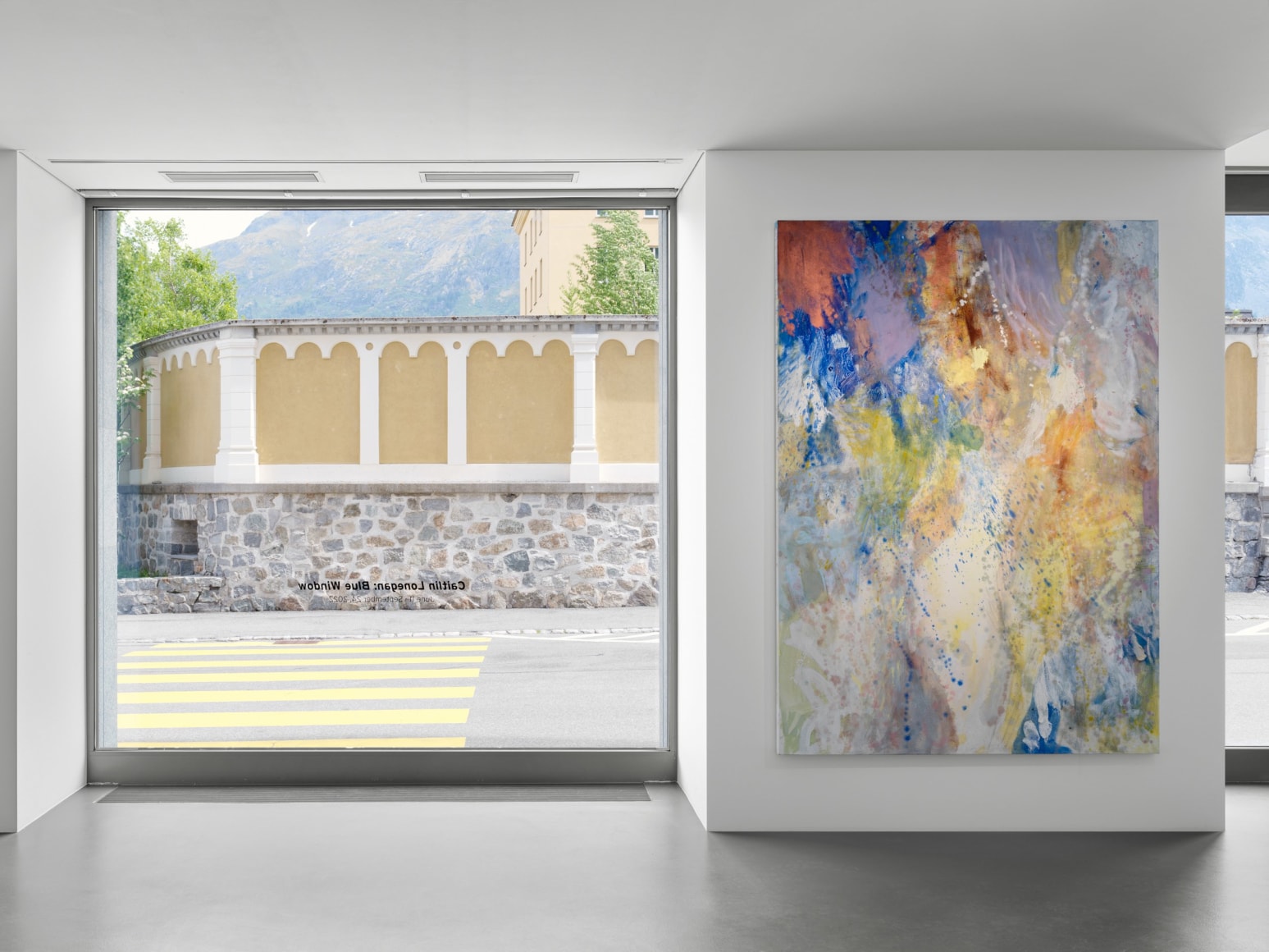 Main floor installation view of Caitlin Lonegan's show "Blue Window" in St. Moritz, Switzerland