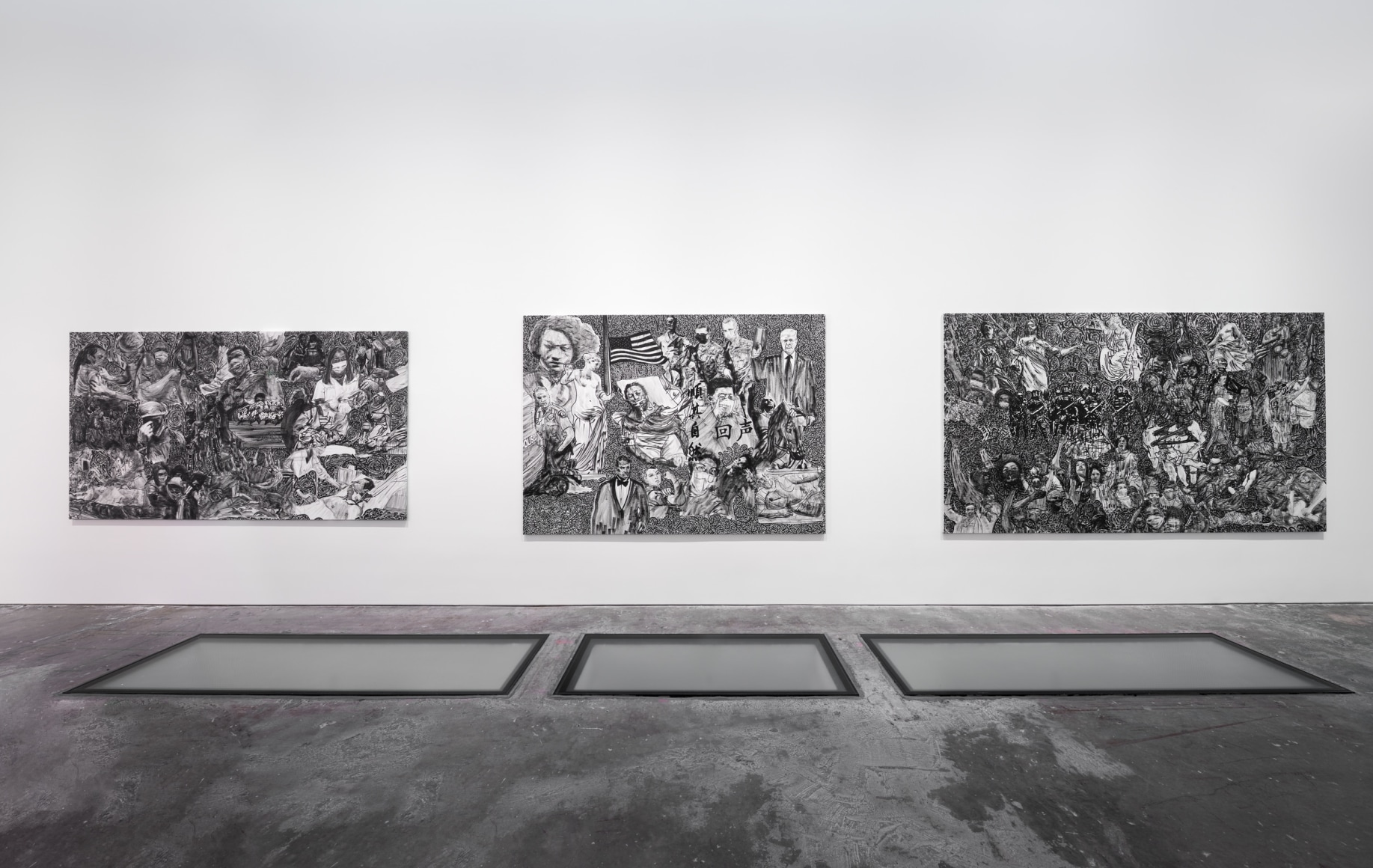 installation view in a gallery of Stefan Bondell paintings