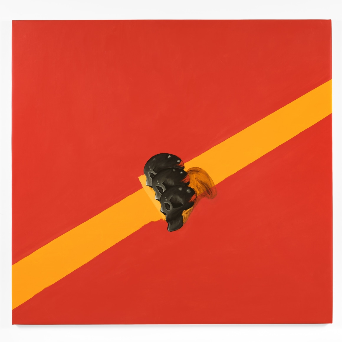 red painting with 3 skulls and yellow banner