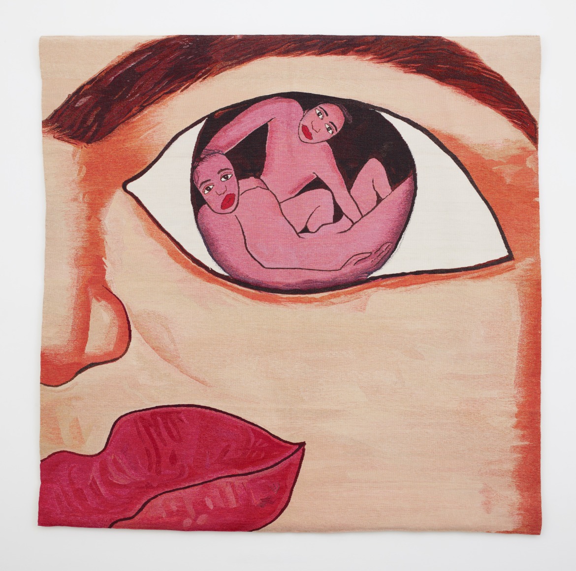 Tapestry painting of a closeup of a large face. Two figures are laying inside the face's eye.