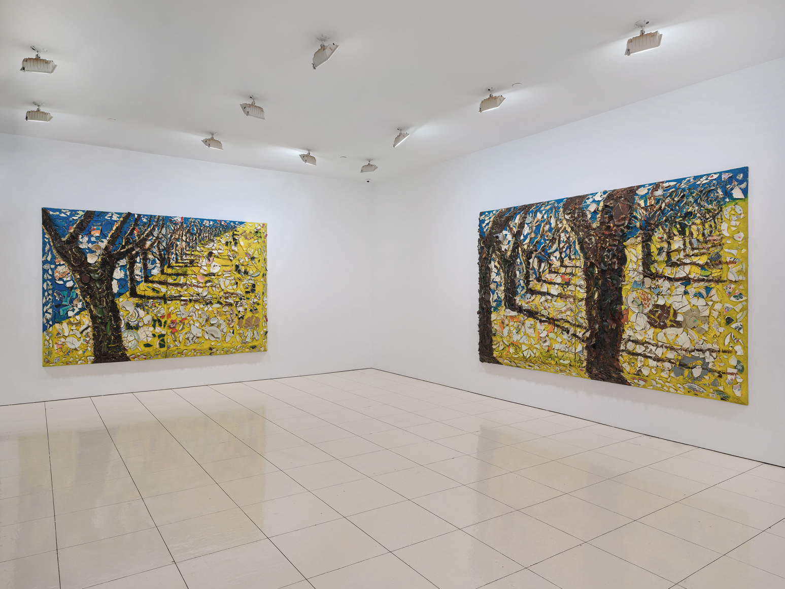 Installation view of Julian Schnabel plate paintings of trees