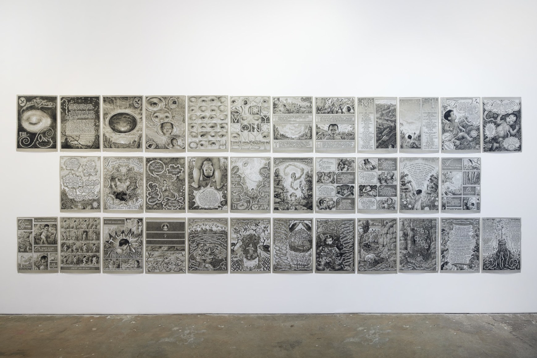 Installation image of drawings by Thomas Woodruff
