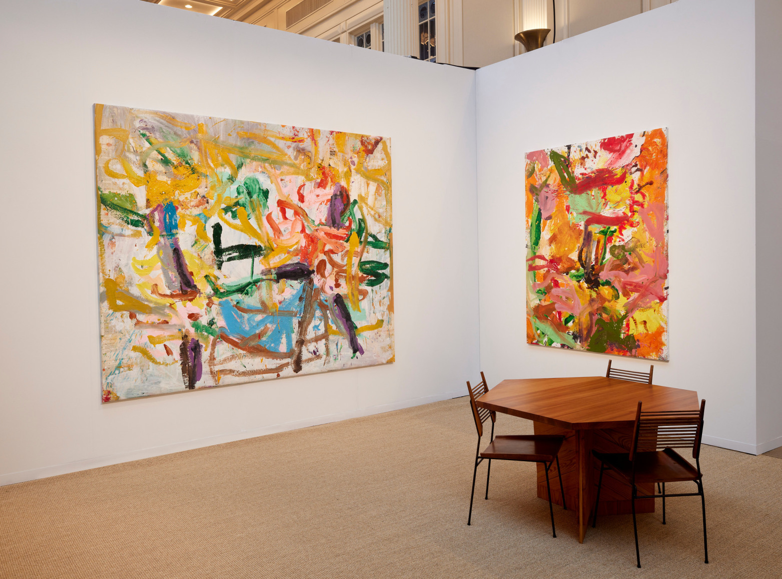 Installation view of oil on canvas abstract flower paintings by Jorge Galindo on view at the Vito Schnabel Gallery booth, Independent Art Fair, 2021