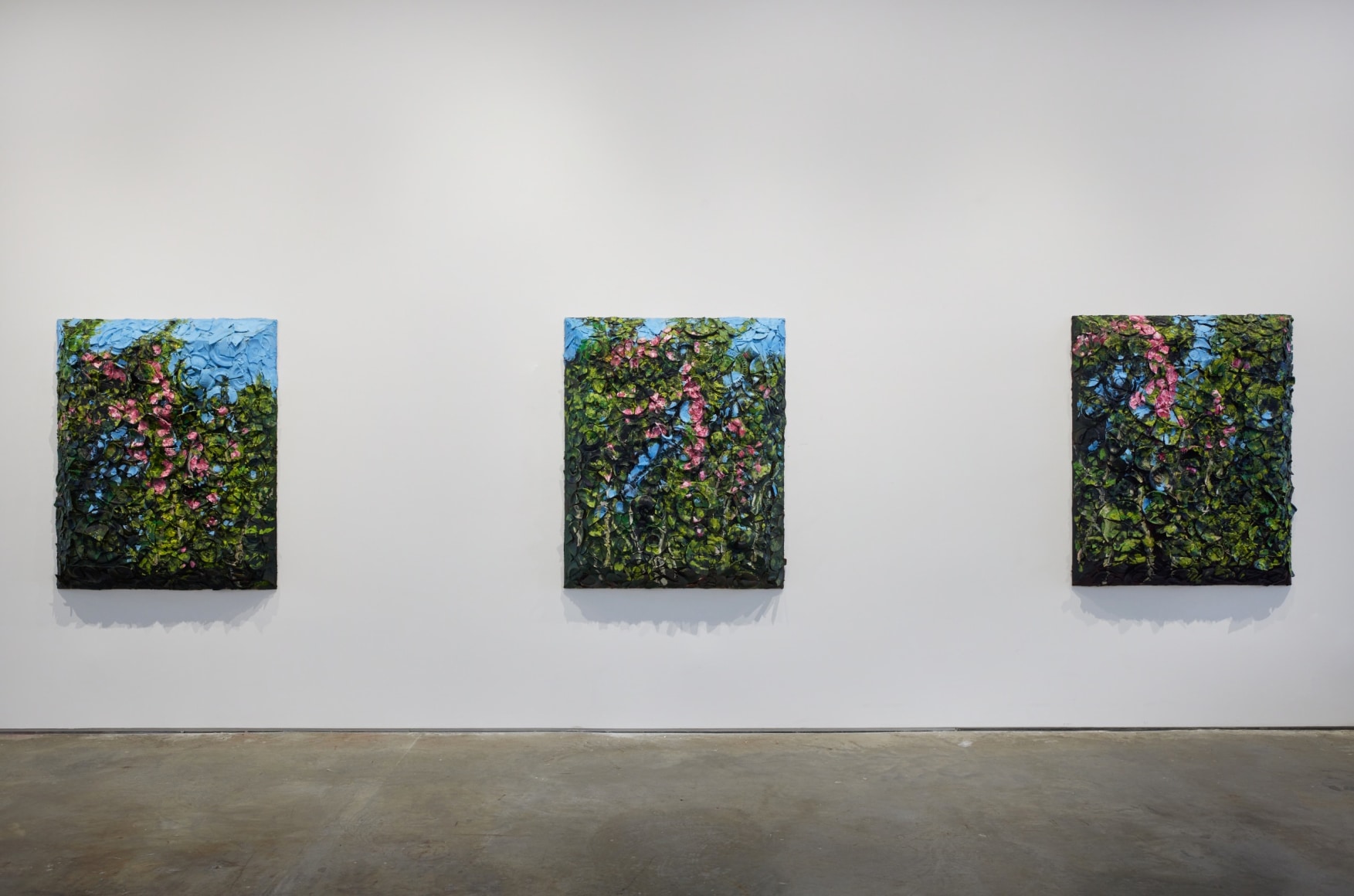 An installation view of Jorge Galindo and Julian Schnabel's exhibition Flower Paintings