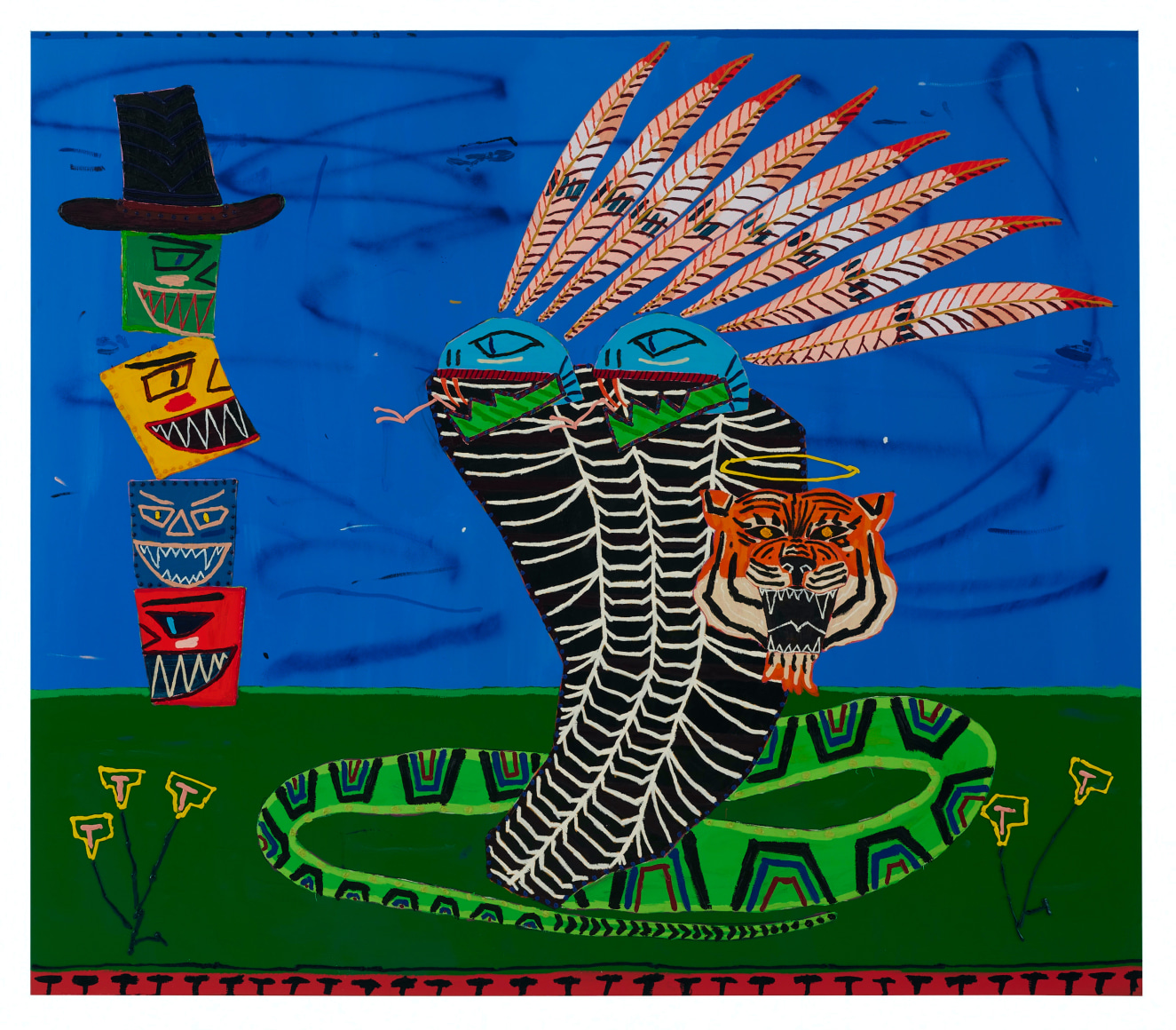 snake with three heads, one head depicts a tiger the other two snakes