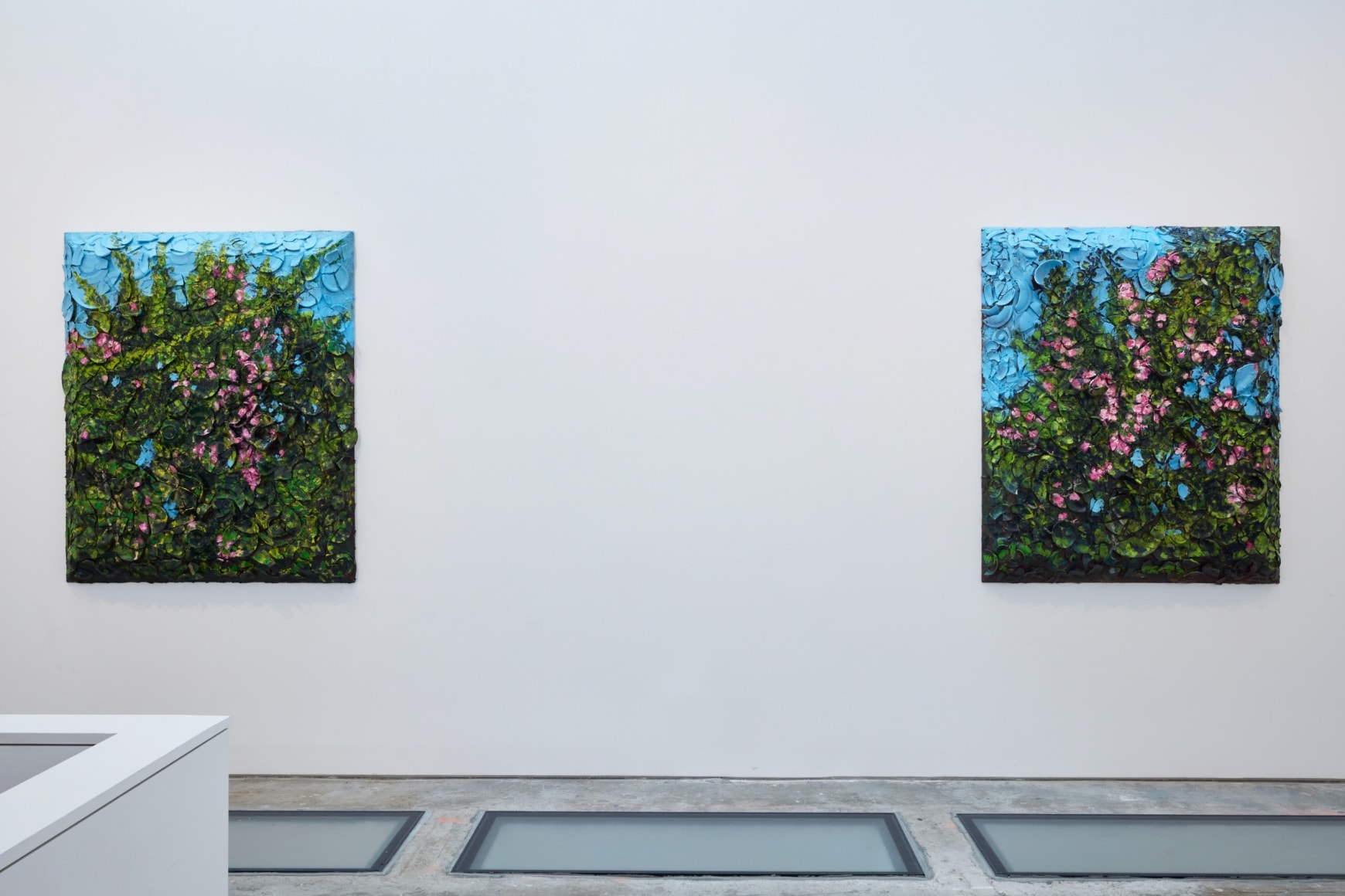 An installation view of Jorge Galindo and Julian Schnabel's exhibition Flower Paintings