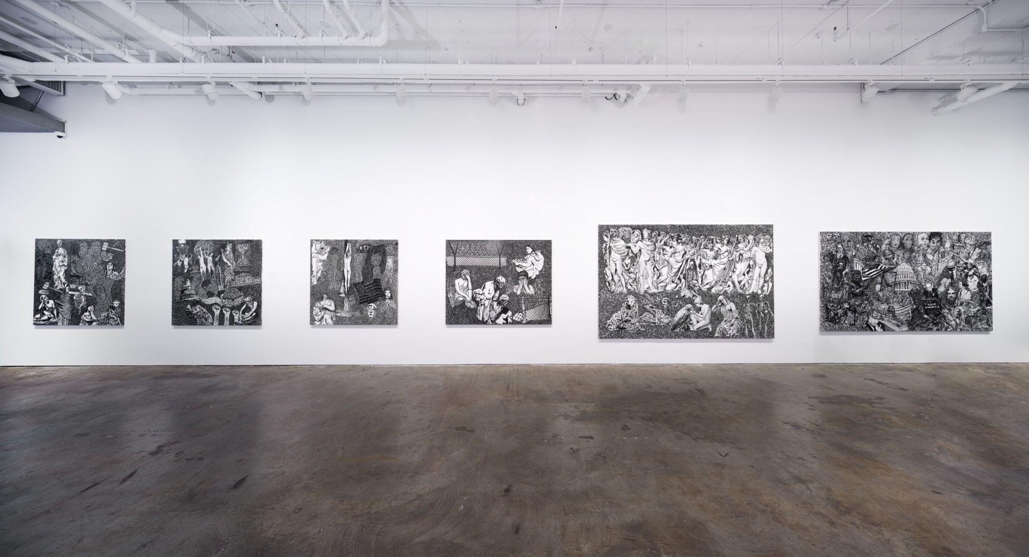 installation view in a gallery of Stefan Bondell paintings