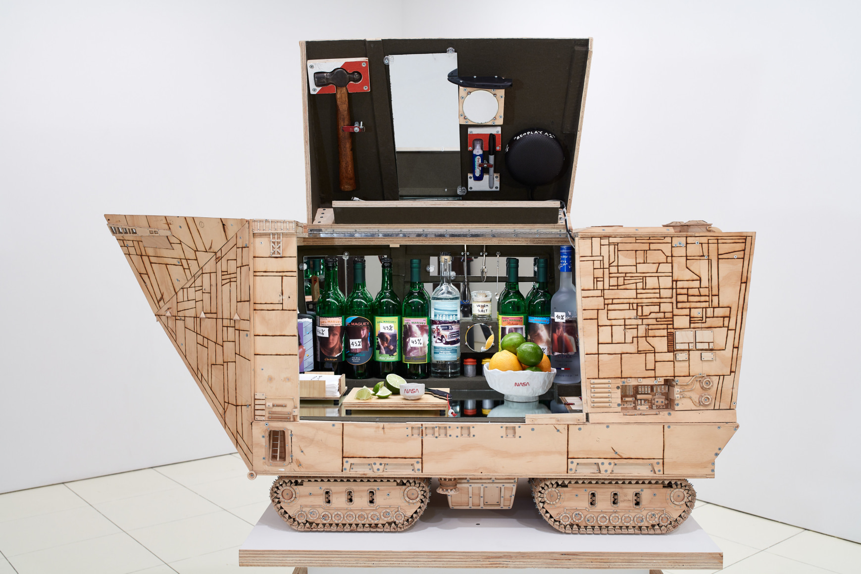 Sandcrawler, 2016-2018 Pyrography on plywood, steel hardware, and mixed media