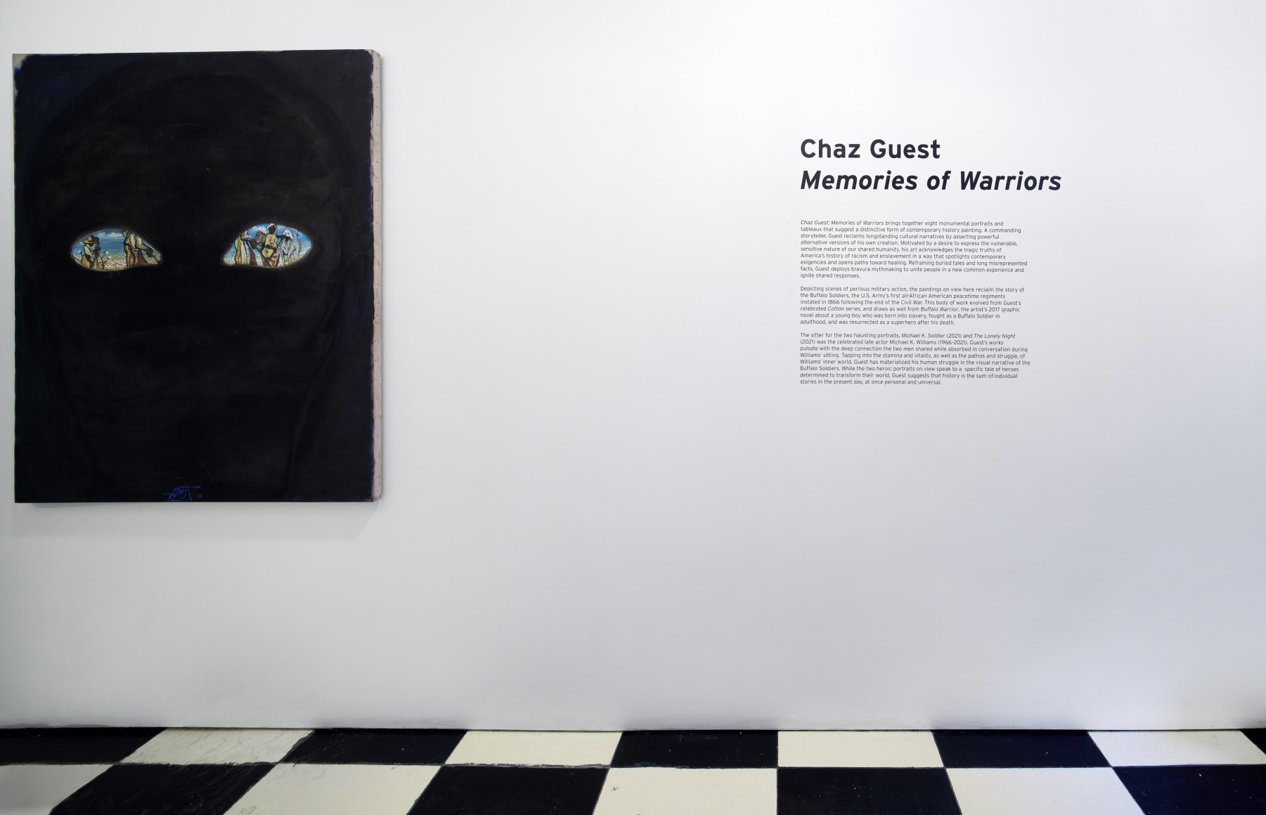 Installation view, Chaz Guest: Memories of Warriors, Vito Schnabel Gallery, New York, NY, 2022; Artworks © Chaz Guest; Photo by Argenis Apolinario; Courtesy the artist and Vito Schnabel Gallery