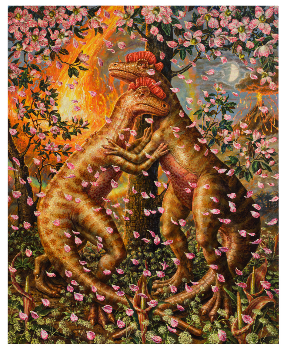 Painting by Thomas Woodruff of two Dinosaurs embracing in the midst of destruction