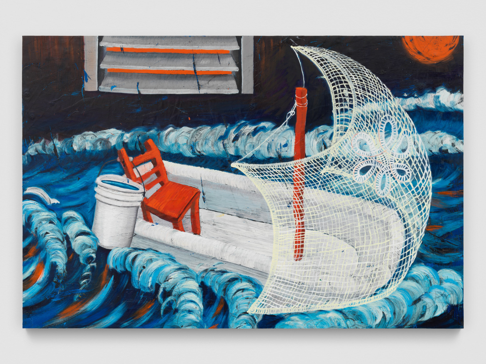Angel Otero  Meet Me at the Lighthouse, 2024  Oil paint and fabric collaged on canvas  31 1/2 x 47 1/2 x 1 1/2 inches (80 x 120.7 x 3.8 cm)  © Angel Otero; Photo by Stefan Altenburger; Courtesy the artist and Vito Schnabel Gallery
