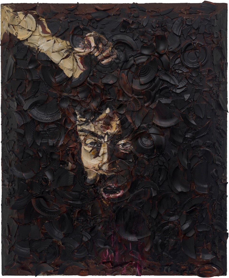 Julian Schnabel, Number 3 (Self Portrait of Caravaggio as Goliath, Michelangelo Merisi), 2020, Oil, plates, and bondo on wood, 72 x 60 inches (182.9 x 152.4 cm) © Julian Schnabel; Photo by Tom Powel Imaging; Courtesy the artist and Vito Schnabel Gallery