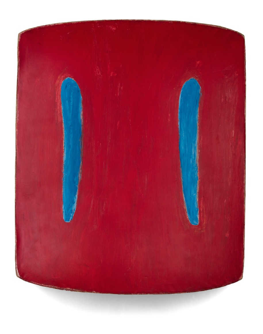 Red painting with two vertical blue lines