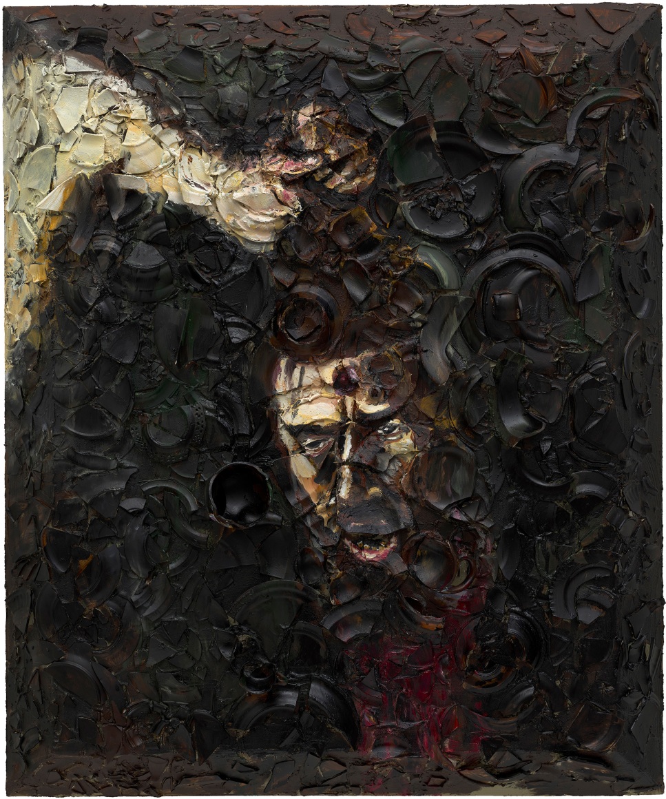Julian Schnabel, Number 2 (Self Portrait of Caravaggio as Goliath, Oscar Isaac), 2020, Oil, plates, and bondo on wood, 72 x 60 inches (182.9 x 152.4 cm) © Julian Schnabel; Photo by Tom Powel Imaging; Courtesy the artist and Vito Schnabel Gallery