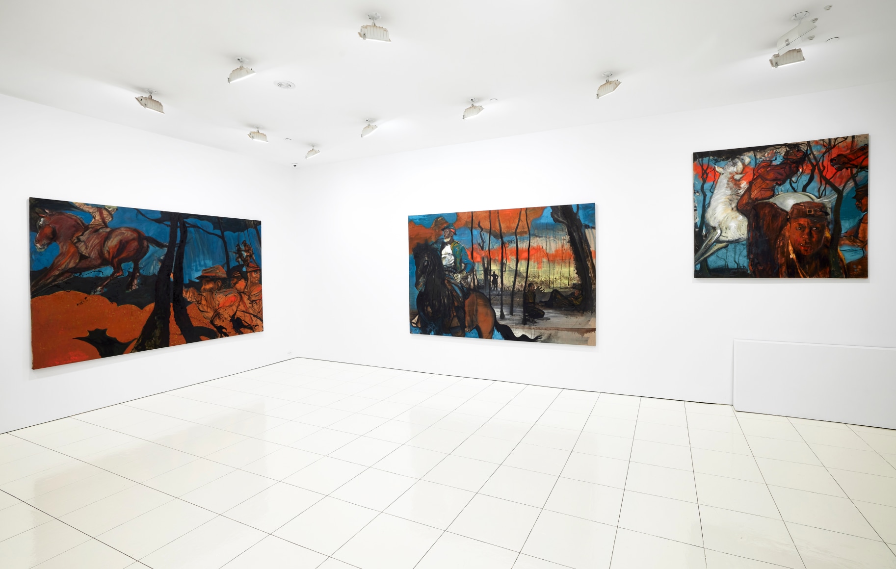 Installation view, Chaz Guest: Memories of Warriors, Vito Schnabel Gallery, New York, NY, 2022; Artworks © Chaz Guest; Photo by Argenis Apolinario; Courtesy the artist and Vito Schnabel Gallery