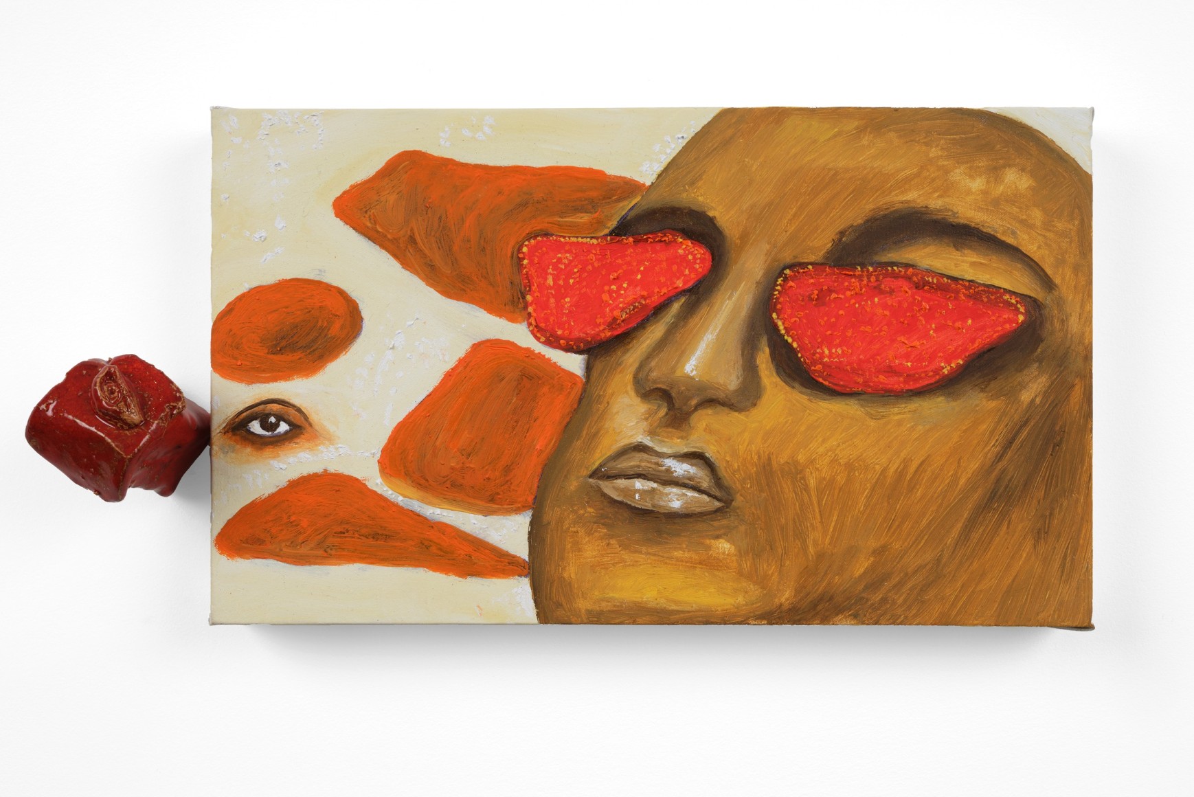 Stylized human head with red shapes for eyes and in the background