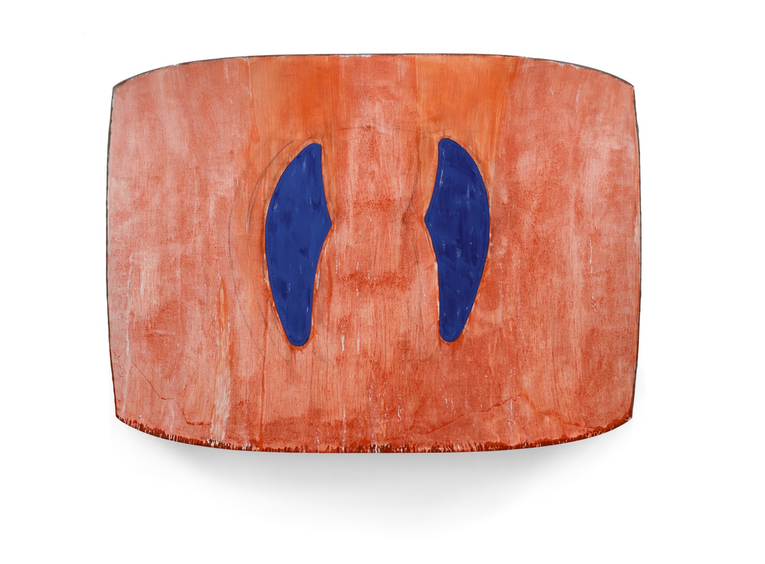 washed orange painting with blue vertical accents