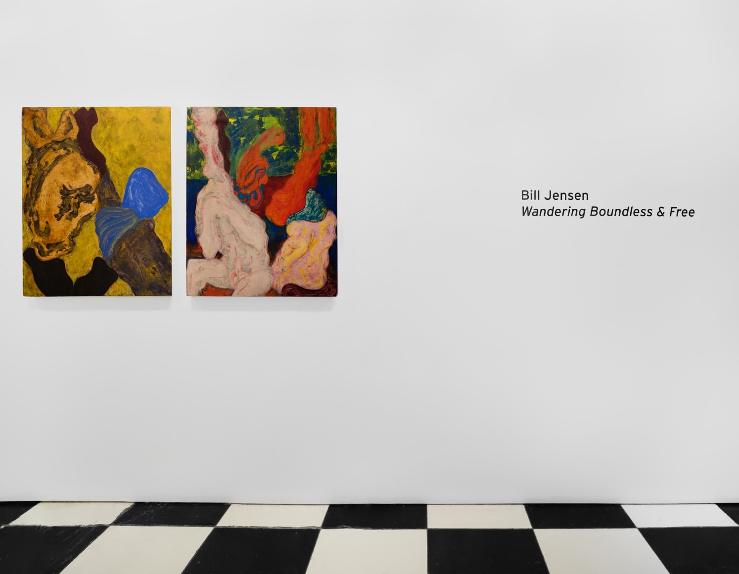 Installation view of Bill Jensen's Wandering Boundless and Free featuring colorful, abstract paintings