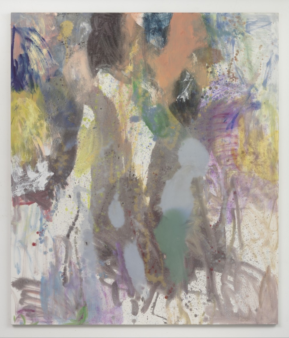 Abstract painting using washes of brown, grey, blue, and faded green