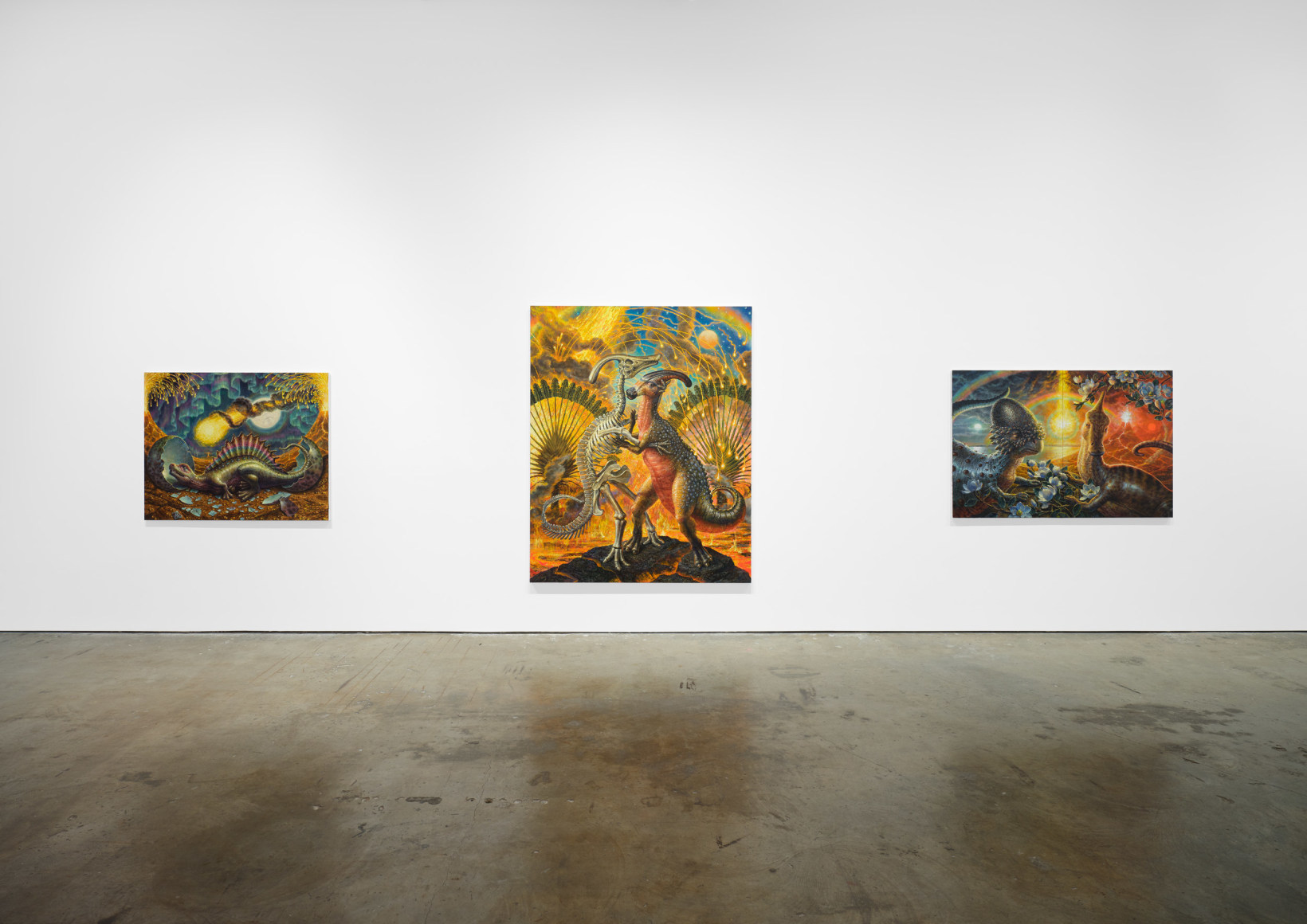 Installation view, Thomas Woodruff: The Dinosaur Variations , Vito Schnabel Gallery, New York, NY, 2024; Artworks &copy; Thomas Woodruff; Photo by Argenis Apolinario; Courtesy the artist and Vito Schnabel Gallery
