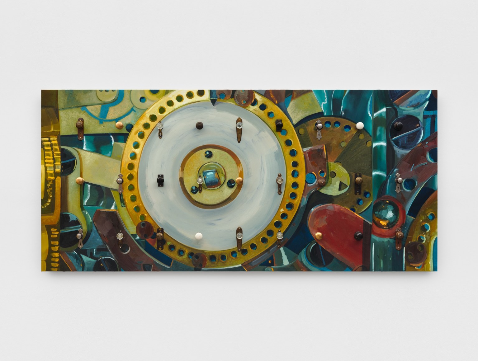 Jessica Westhafer, Closed Off, 2023, ready-made vintage doorknobs and oil on canvas wrapped panel, 55 x 120 inches (139.7 x 304.8 cm) © Jessica Westhafer; Photo by Shark Senesac; Courtesy the artist and Vito Schnabel Gallery