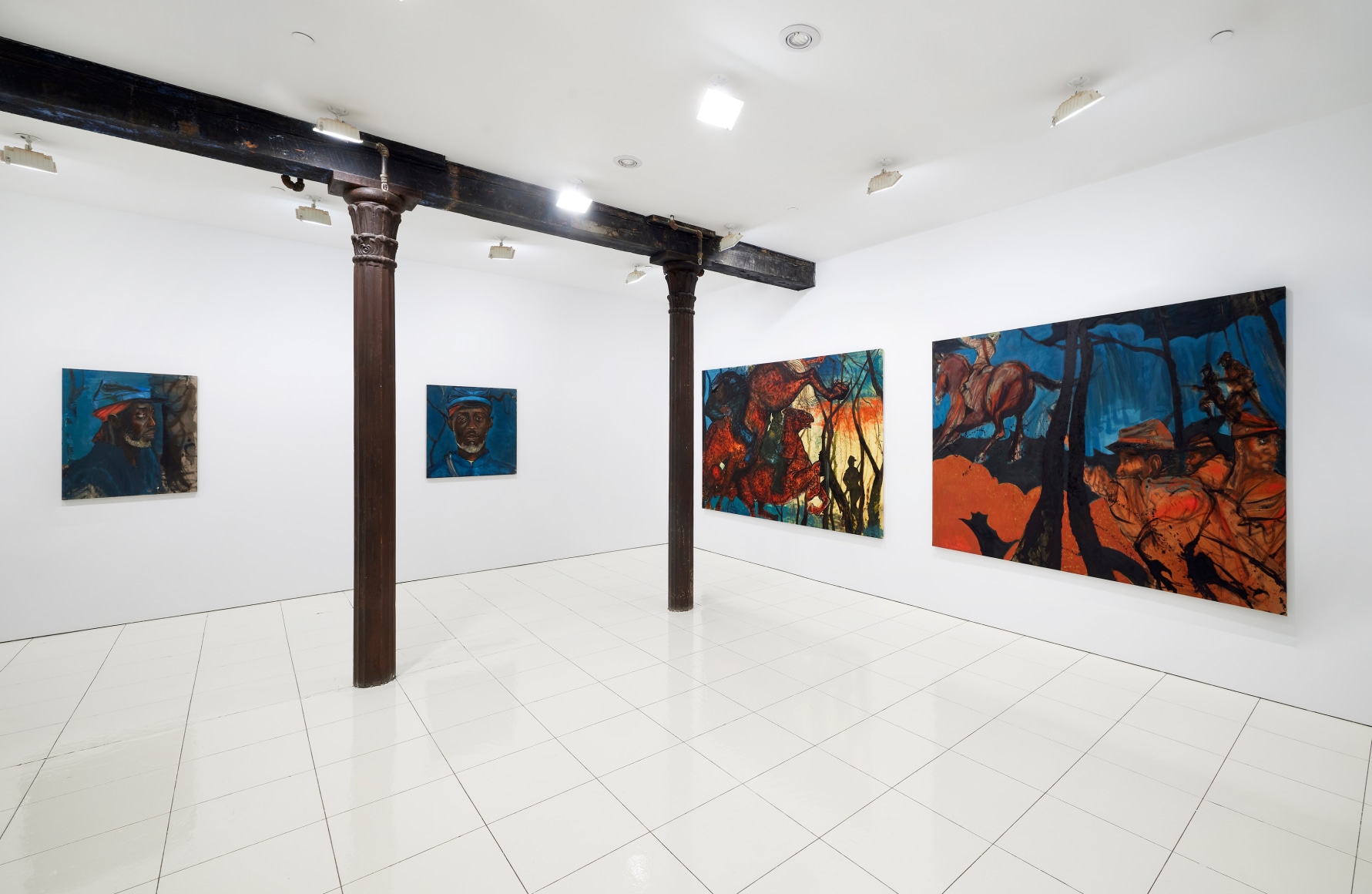 Installation view, Chaz Guest: Memories of Warriors, Vito Schnabel Gallery, New York, NY, 2022; Artworks © Chaz Guest; Photo by Argenis Apolinario; Courtesy the artist and Vito Schnabel Gallery