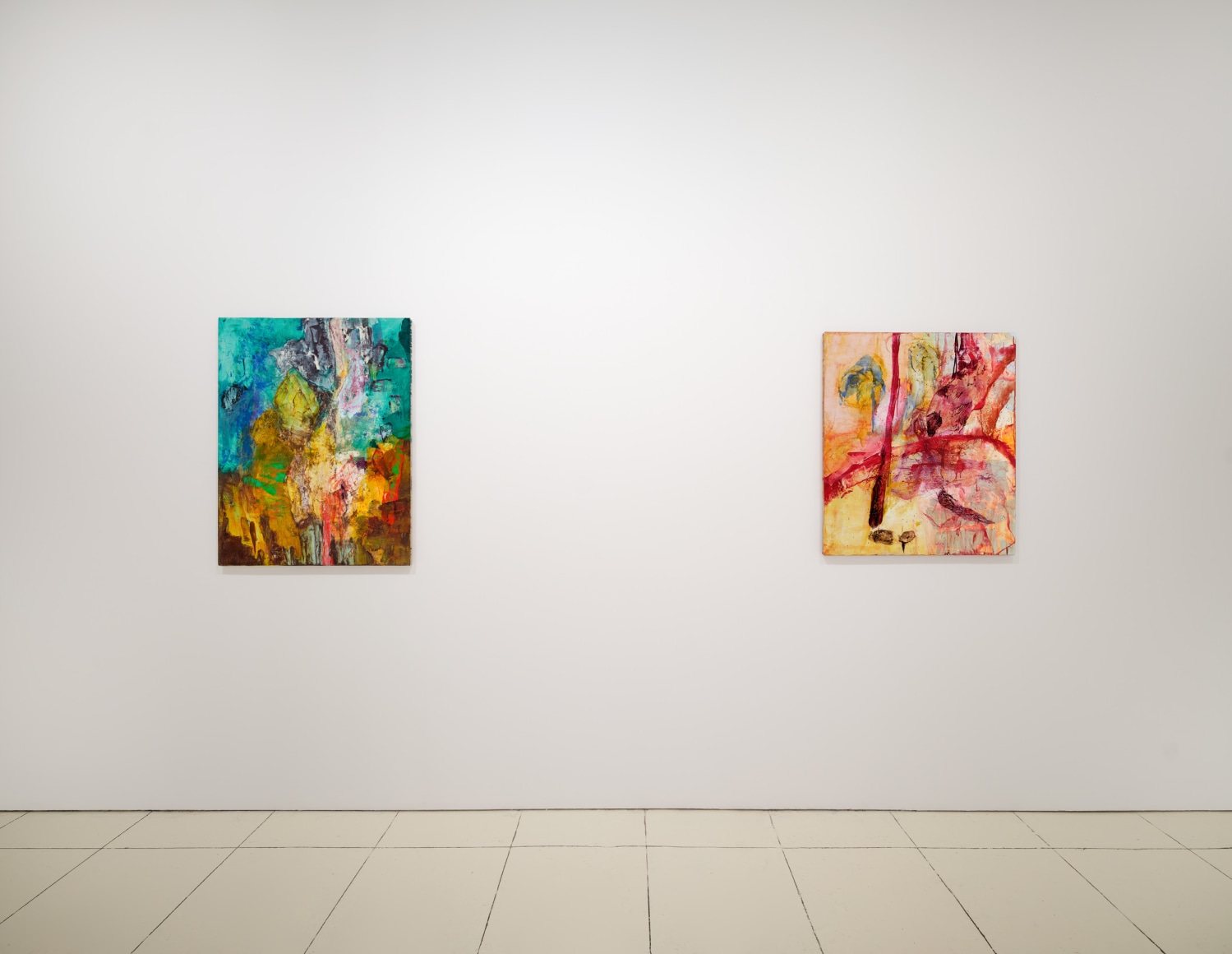 Installation view of Bill Jensen's Wandering Boundless and Free featuring colorful, abstract paintings