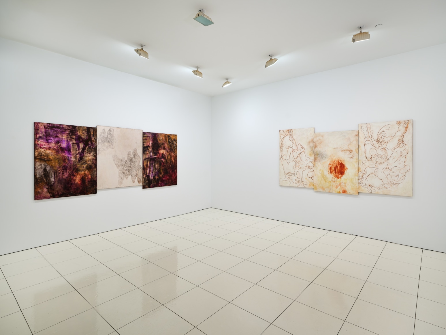 Installation view of Bill Jensen's Wandering Boundless and Free featuring colorful, abstract paintings