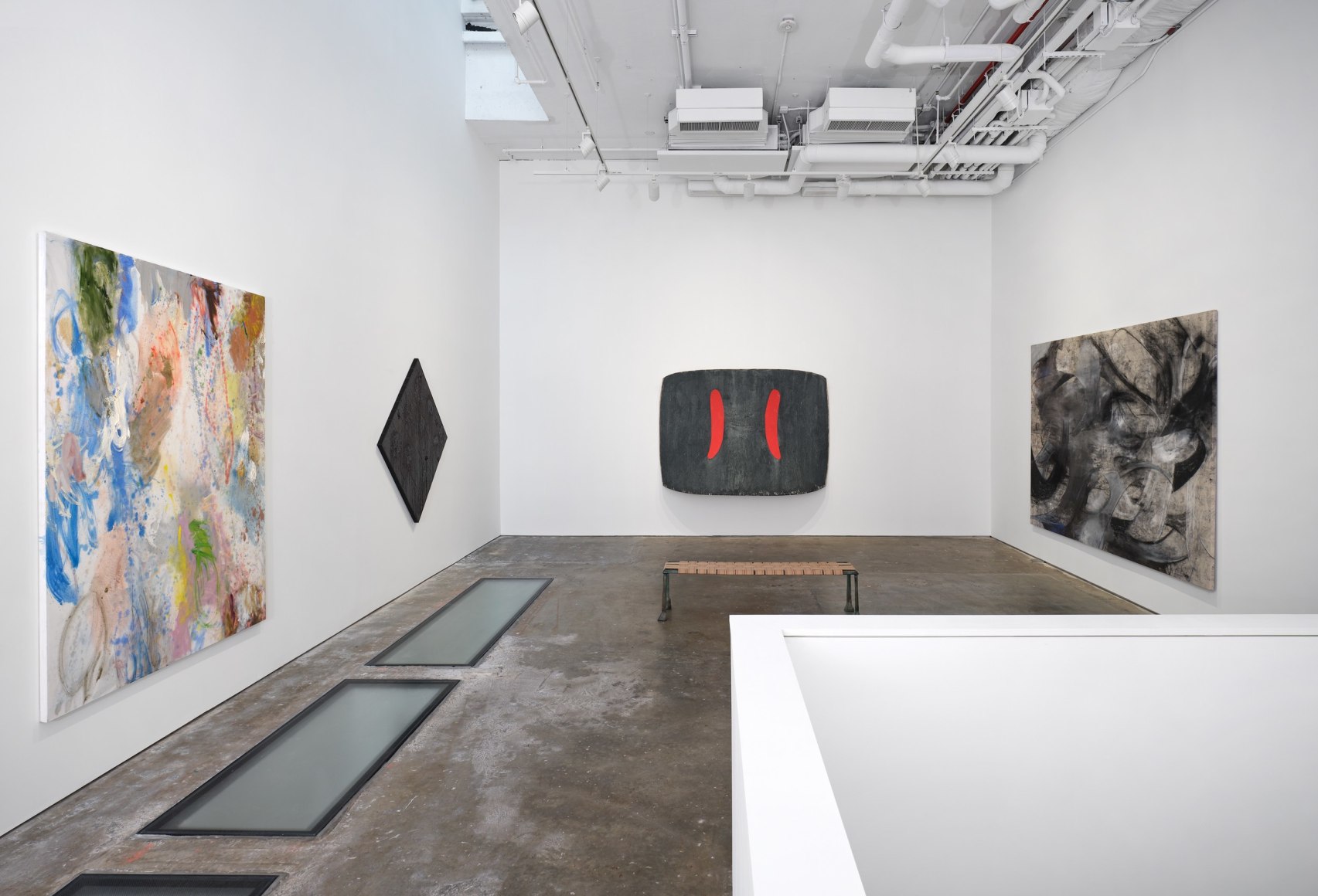 Installation view, These Days, Vito Schnabel Gallery, New York, NY, 2023; Artworks © Caitlin Lonegan © Rashid Johnson © Ron Gorchov / Artists Rights Society (ARS), New York © Mariana Oushiro; Photo by Argenis Apolinario; Courtesy the artists and Vito Schnabel Gallery