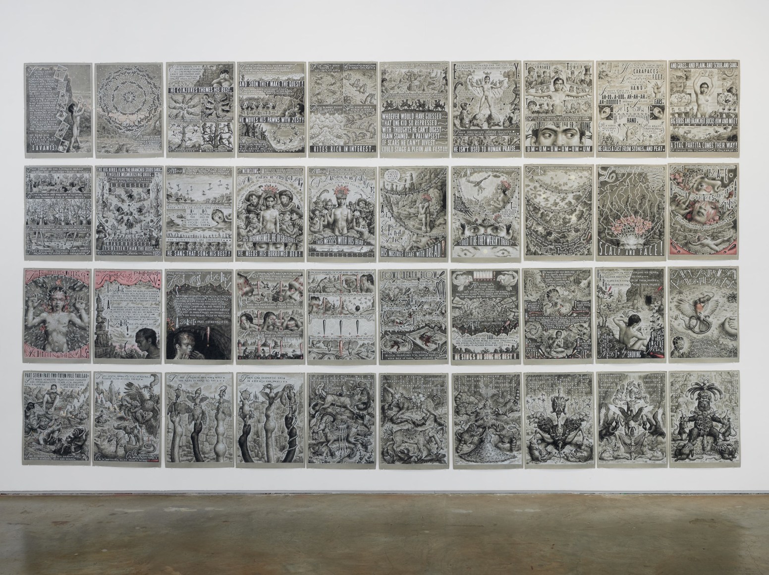Installation image of drawings by Thomas Woodruff