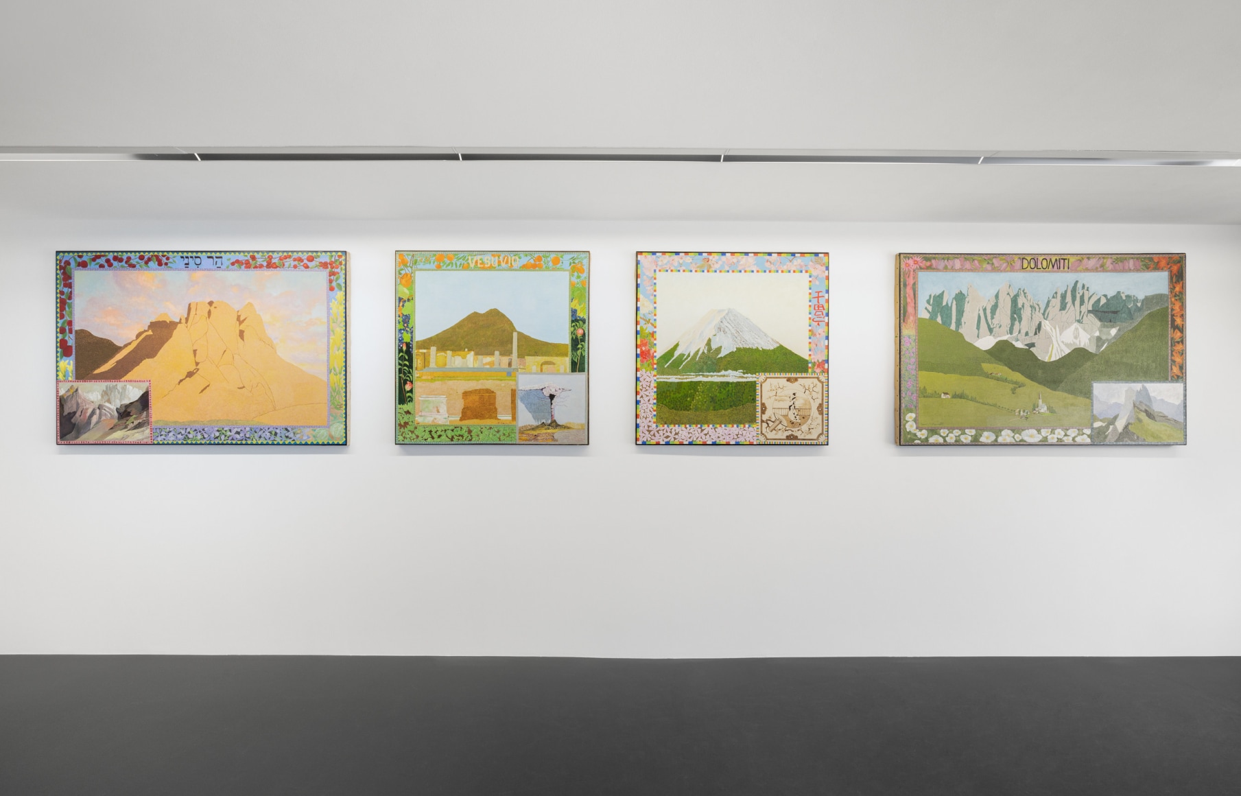 Installation view of Lola Montes and David McDermott: The Great Mountain Paintings 1988 & Landscapes from the Underworld, Vito Schnabel Gallery, St. Moritz, July 27, 2024 – September 15, 2024; Artworks © The artists; Photo by Andrea Rossetti; Courtesy the artists and Vito Schnabel Gallery
