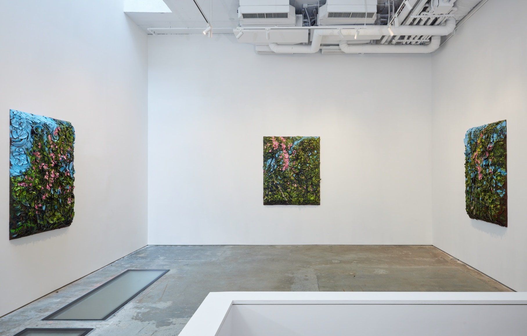 An installation view of Jorge Galindo and Julian Schnabel's exhibition Flower Paintings