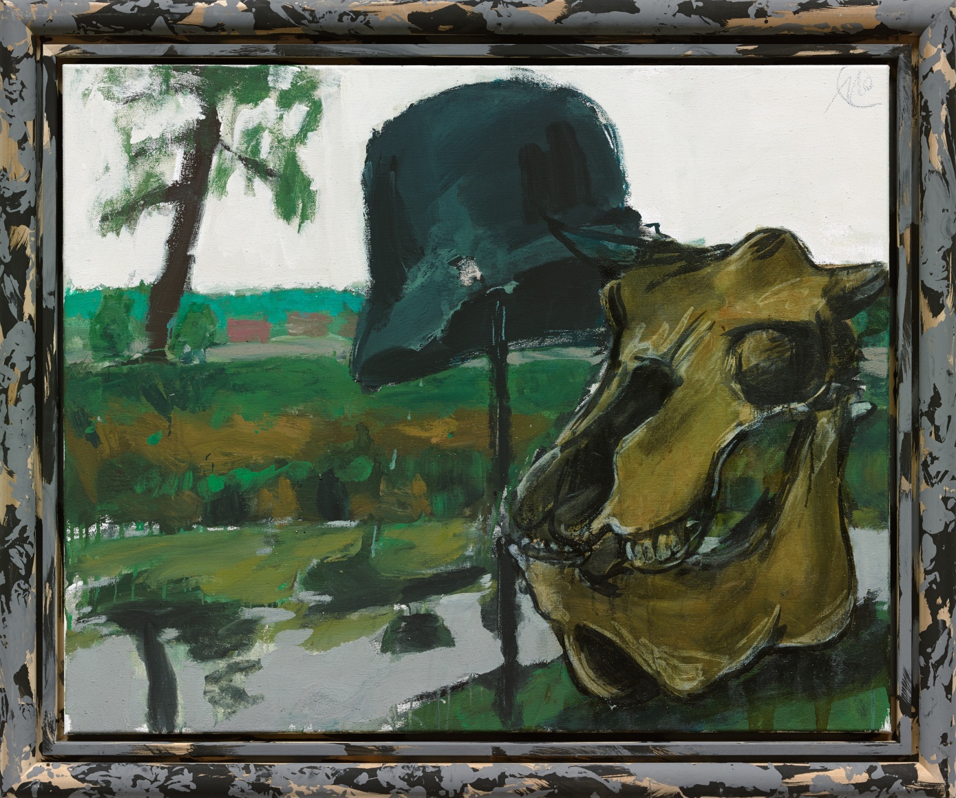 army hat animal skull green grass green hills river and tree