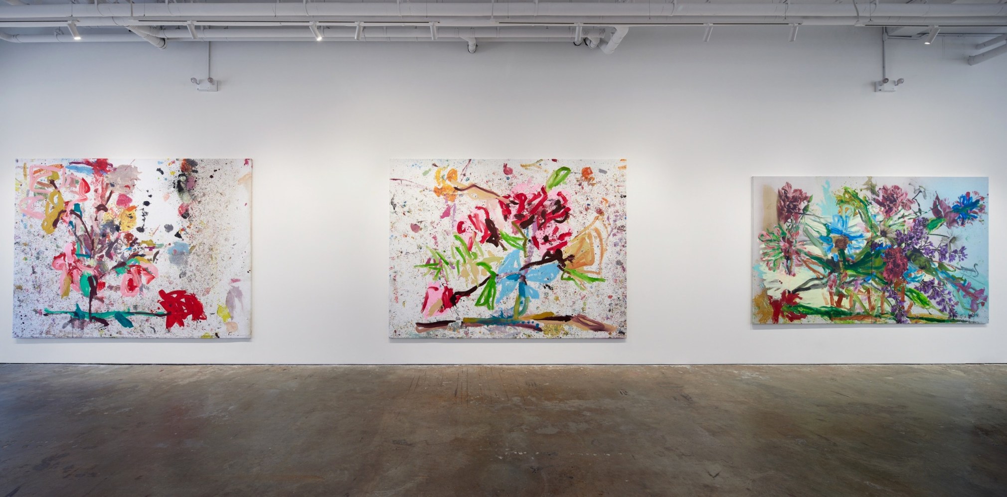 An installation view of Jorge Galindo and Julian Schnabel's exhibition Flower Paintings