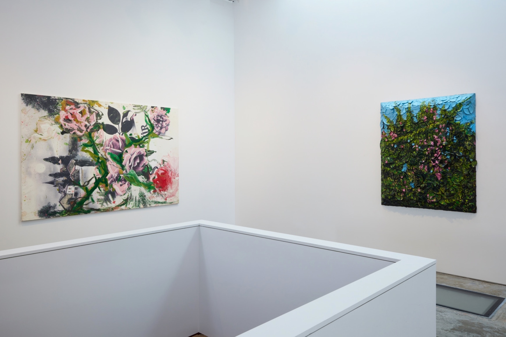 An installation view of Jorge Galindo and Julian Schnabel's exhibition Flower Paintings