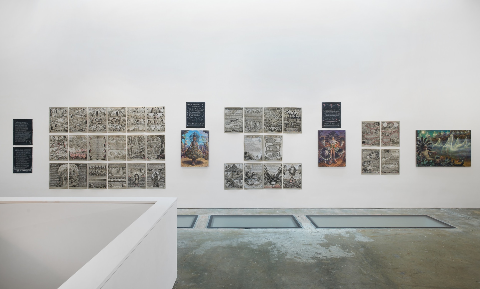 Installation image of drawings by Thomas Woodruff