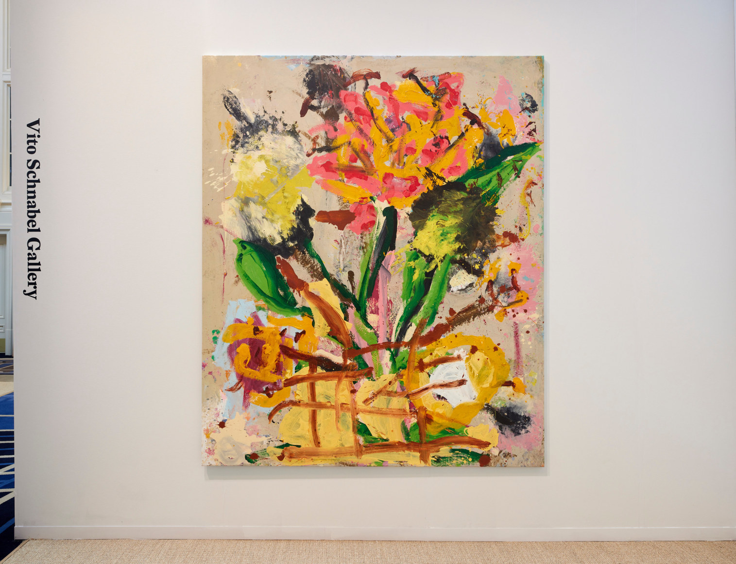 Installation view of oil on canvas abstract flower paintings by Jorge Galindo on view at the Vito Schnabel Gallery booth, Independent Art Fair, 2021