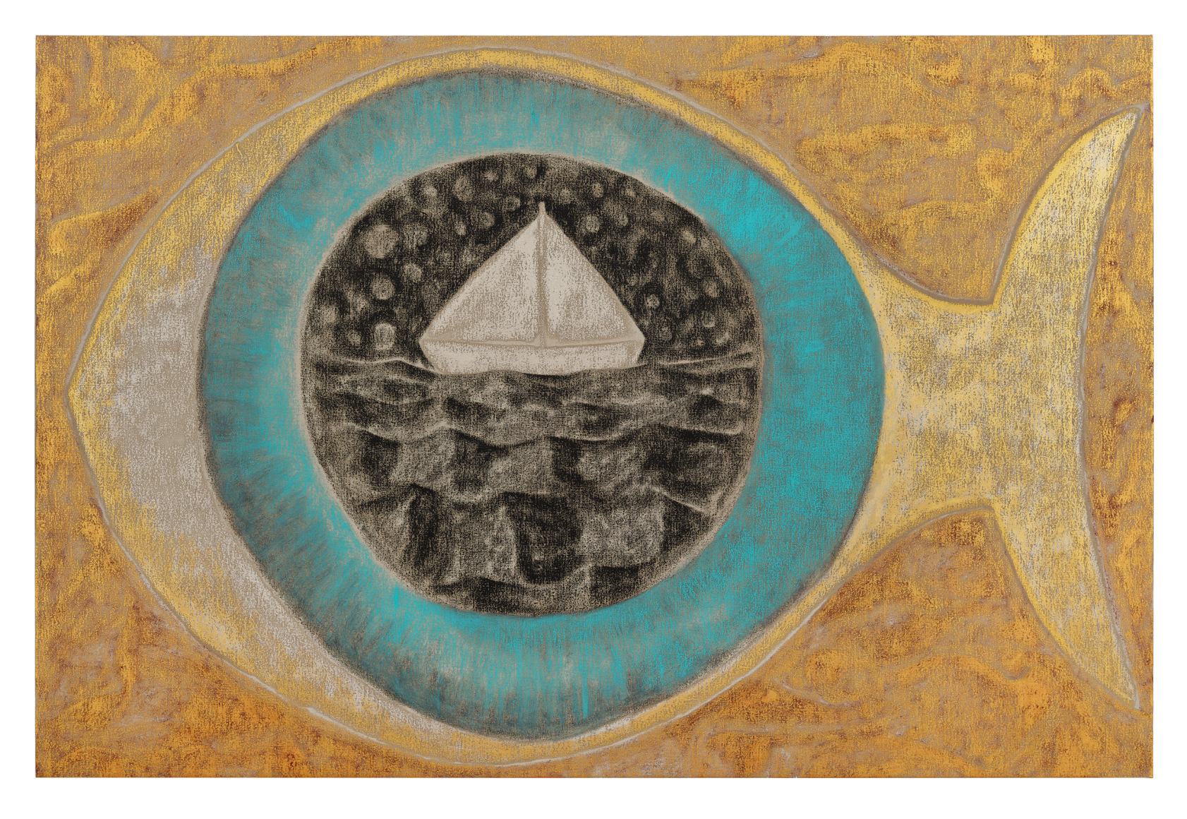 Francesco Clemente, The Eye of Ulysses, 2023, Oil on canvas, 61 1/2 x 93 inches (156.2 x 236.2 cm)  © Francesco Clemente; Photo by Argenis Apolinario; Courtesy the artist and Vito Schnabel Gallery