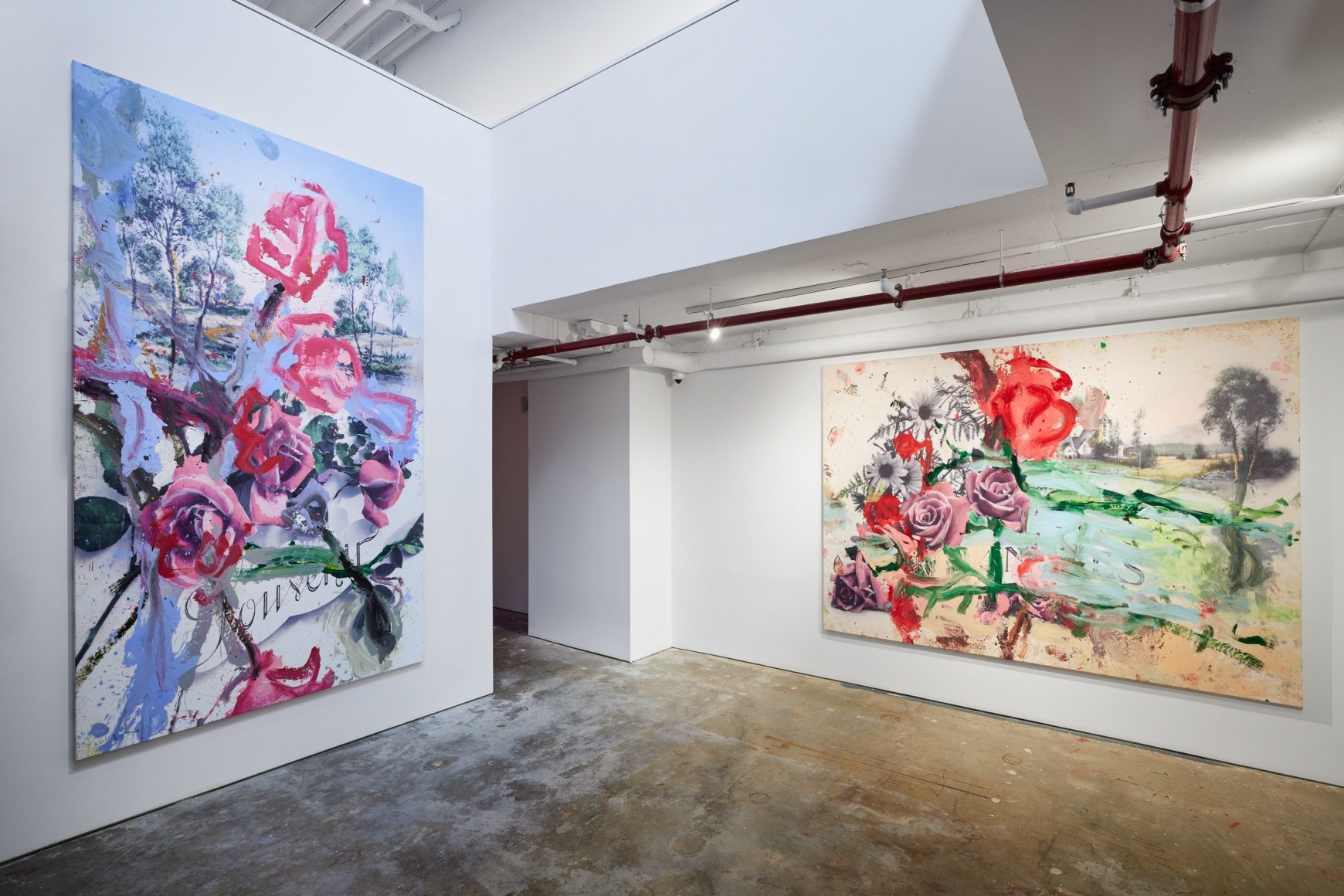 An installation view of Jorge Galindo and Julian Schnabel's exhibition Flower Paintings