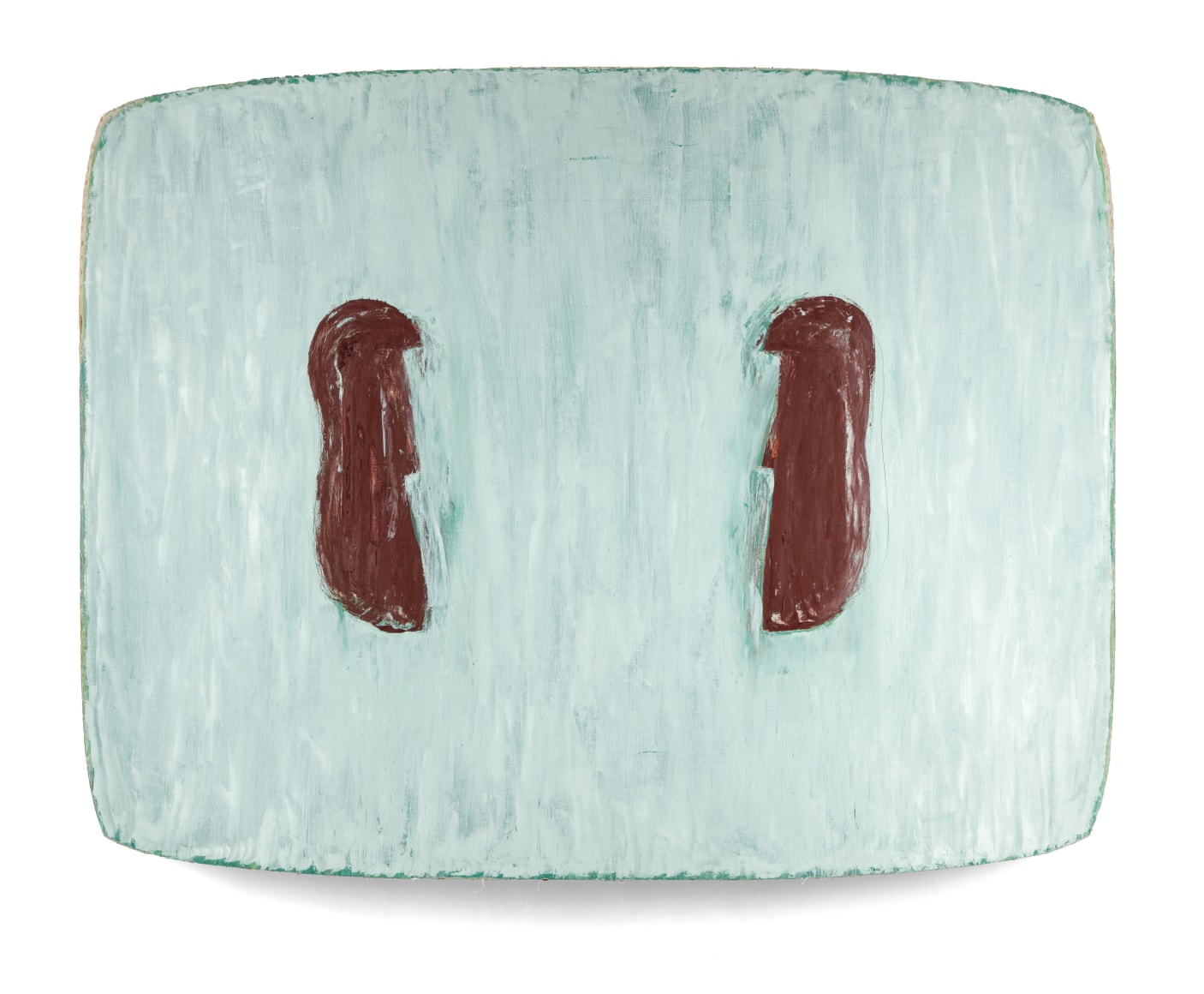 pastel blue painting with two brown vertical lines
