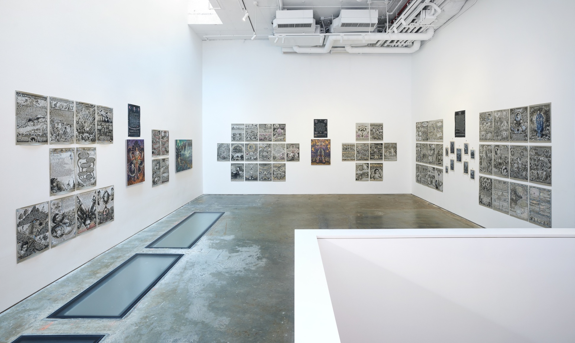 Installation image of drawings by Thomas Woodruff