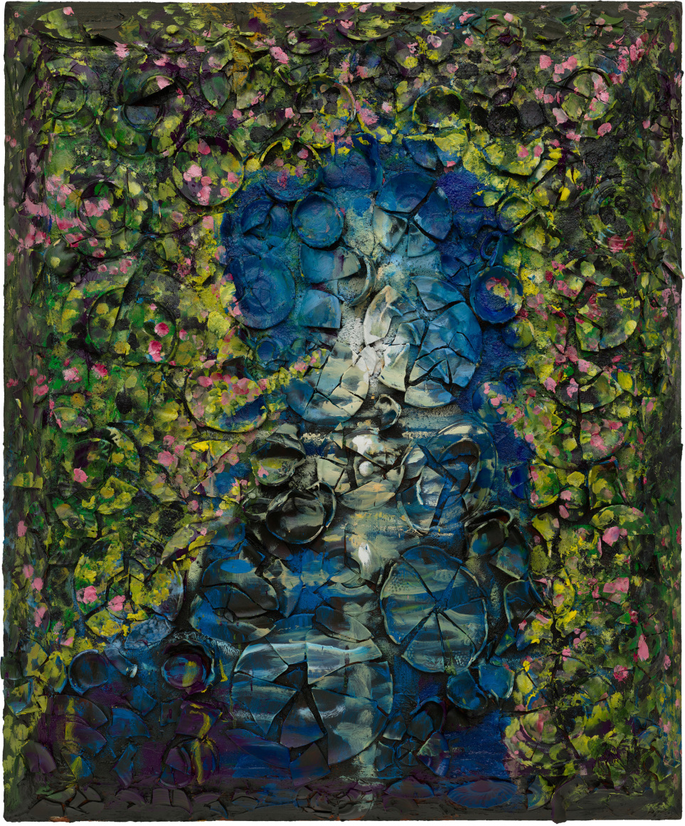 Julian Schnabel, Draped in Moonlight, 2022, Oil, plates and bondo on wood, 72 x 60 inches (182.9 x 152.4 cm) ©️Julian Schnabel; Photo by Tom Powel Imaging; Courtesy the artist and Vito Schnabel Gallery
