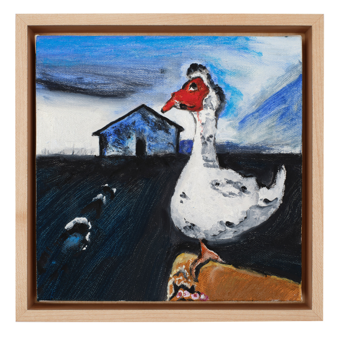 Painting with duck-like animal with a house in the background