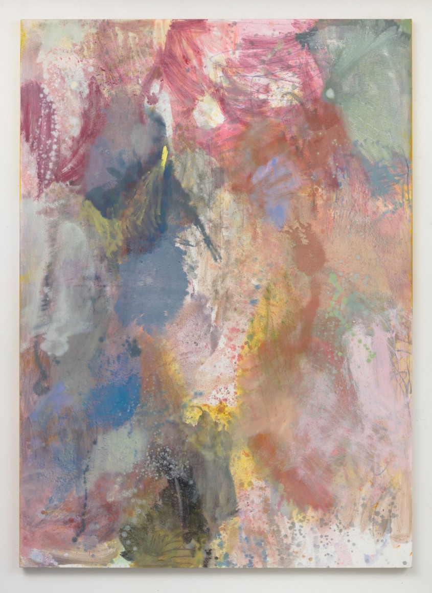 Abstract painting using washes of pink, blue, yellow, and faded green.