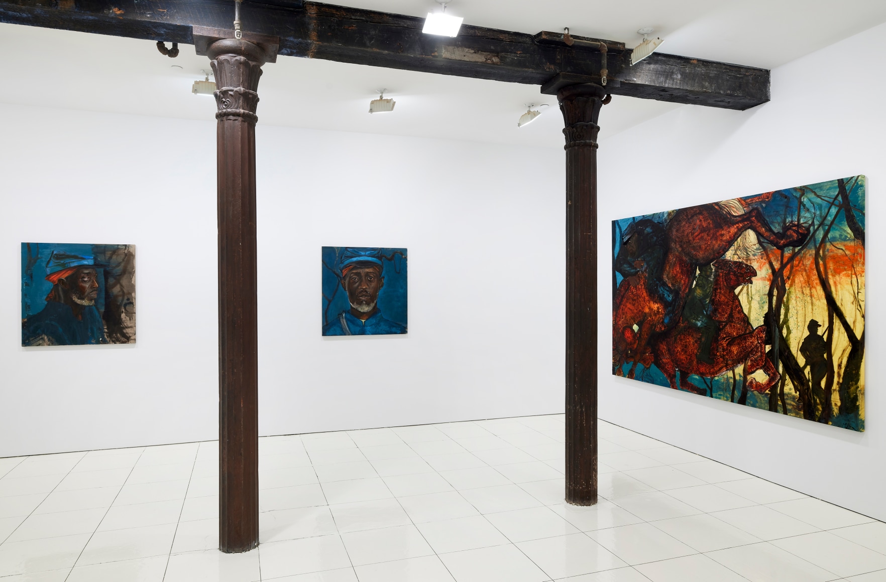 Installation view, Chaz Guest: Memories of Warriors, Vito Schnabel Gallery, New York, NY, 2022; Artworks © Chaz Guest; Photo by Argenis Apolinario; Courtesy the artist and Vito Schnabel Gallery