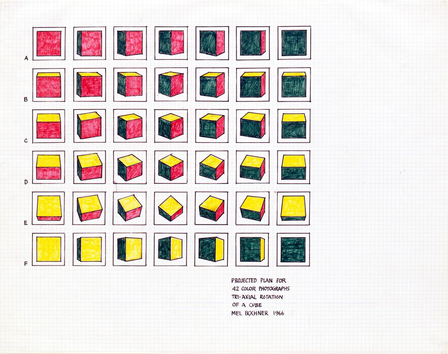 Mel Bochner, Projected Plan for 42 Photographs (Tri-Axial Rotation of a Cube), 1966.