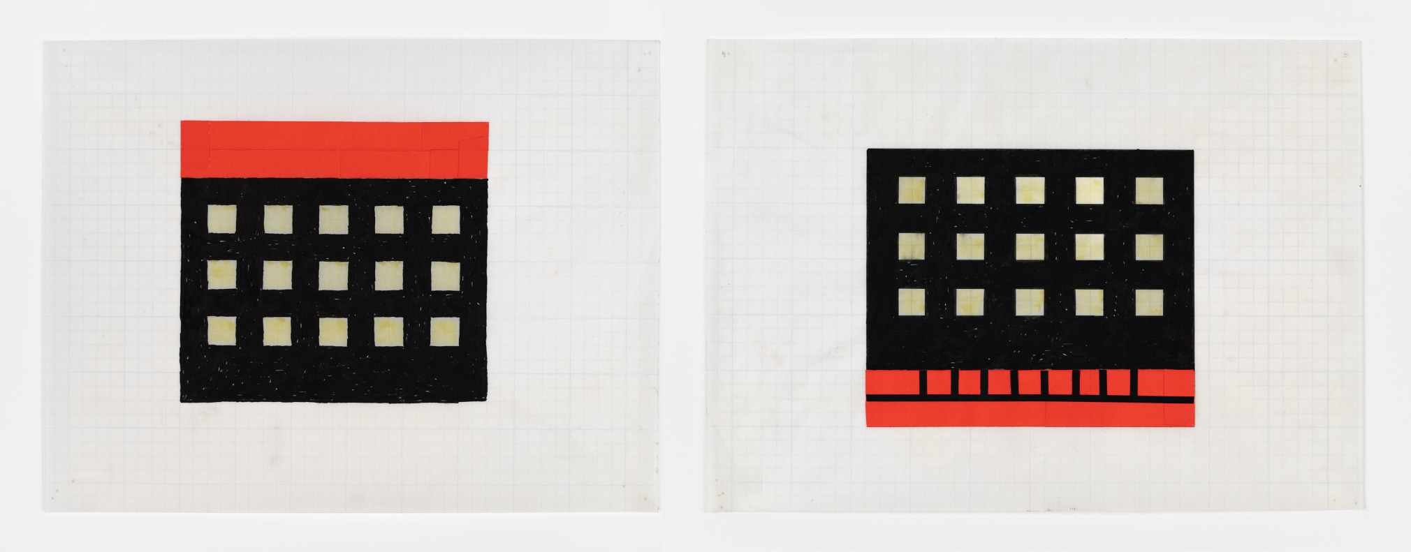Untitled (study for Apartment House), 1981. Ink and colored tape on graph paper, diptych, 8 1/2 x 11 inches, each sheet. On view at Craig Starr Gallery. 