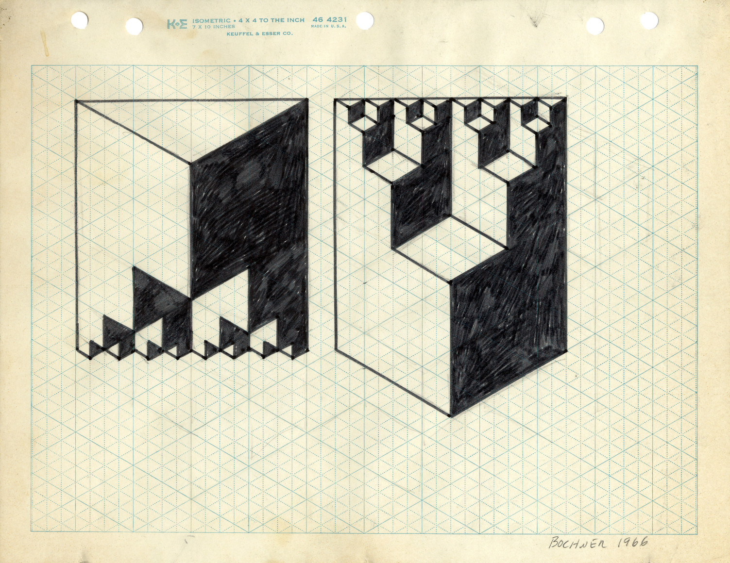 Mel Bochner, Study for Double Solid Based on Cantor's Paradox, 1966. Ink and pencil on graph paper, 8 1/2 x 11 inches.