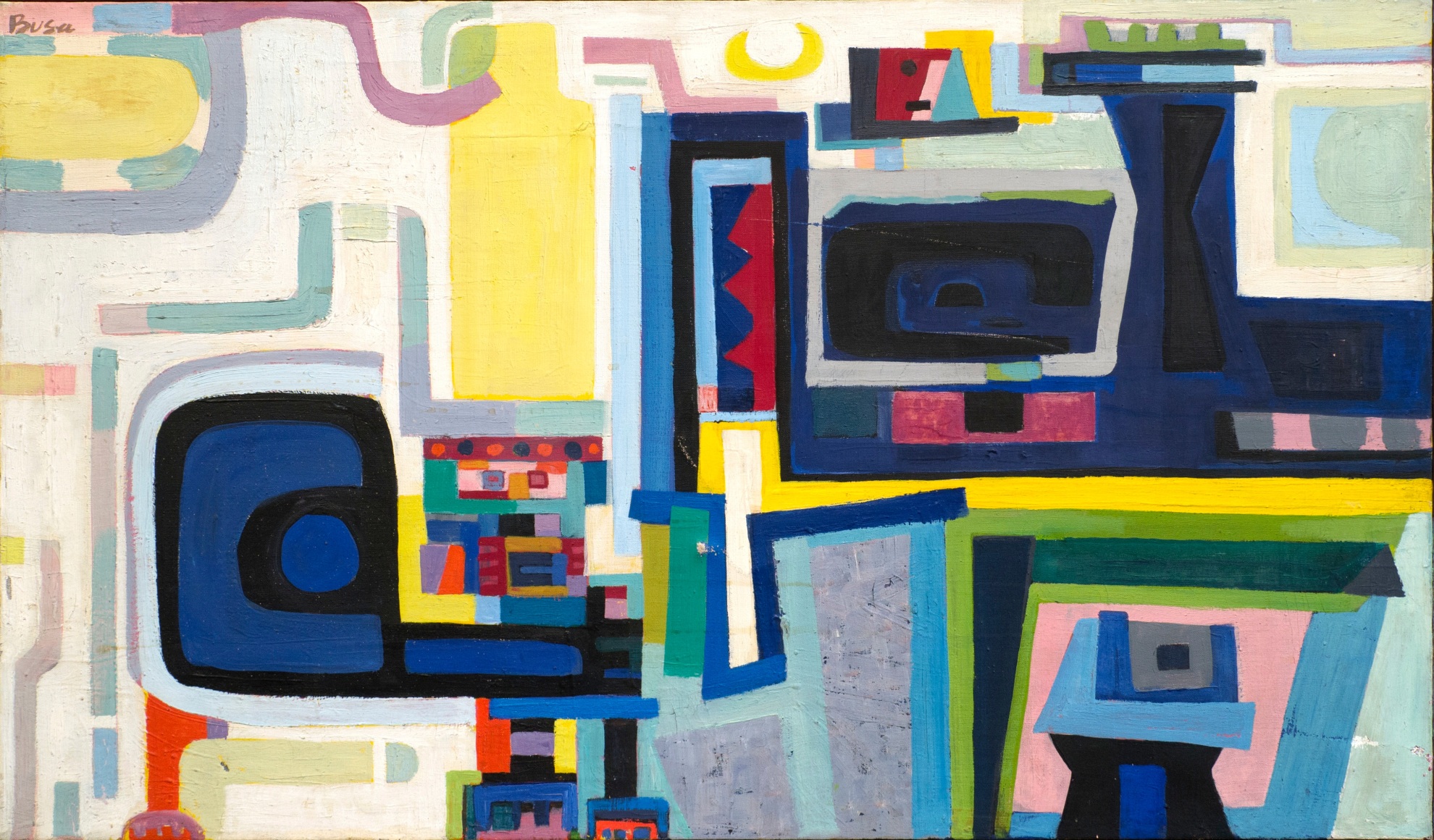 Large painting of geometric shapes in soft, pastel tones with large, blue squares scattered in three areas of the composition.